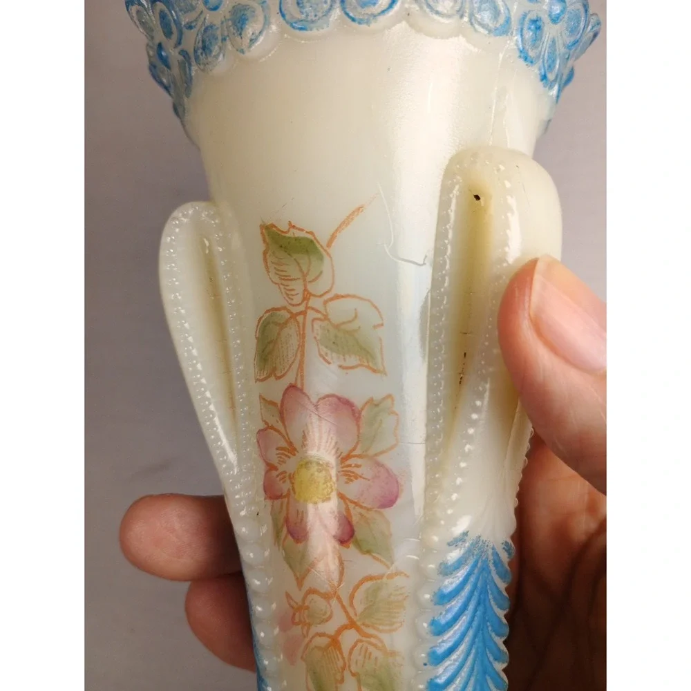 Glass Vase On Petal Feet Victorian Decorated USA Vermont Pattern, 6.5